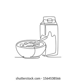 One continuous line drawing of fresh delicious cereal breakfast and milk with gable top carton box. Healthy natural food. Modern single line draw design organic food vector graphic illustration