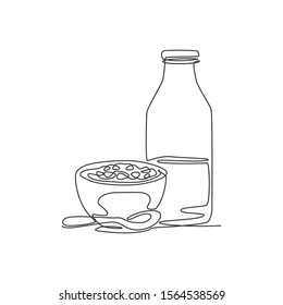 One Continuous Line Drawing Fresh Delicious Bowl Of Cereal Breakfast And A Bottle Of Milk. Healthy Breakfast Template Concept. Modern Single Line Draw Design Natural Food Graphic Vector Illustration