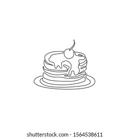 One continuous line drawing of fresh delicious American pancake with cherry restaurant logo emblem. Breakfast cafe shop logotype template concept. Modern single line draw design vector illustration