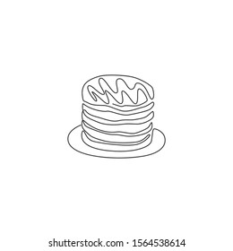 One continuous line drawing of fresh delicious American pancake piled restaurant logo emblem. Breakfast food cafe shop logotype template concept. Modern single line draw design vector illustration