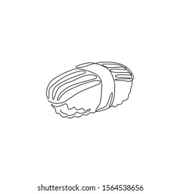 One continuous line drawing fresh delicious Japanese nigiri sushi bar restaurant logo emblem. Japan sea food shop logotype template concept. Modern single line draw design vector graphic illustration