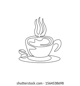 One continuous line drawing of fresh aromatic espresso cup of coffee logo emblem. Beverage coffee shop logotype template concept. Modern single line draw design cafe drink store vector illustration