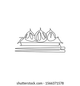 One continuous line drawing fresh delicious Chinese dumpling restaurant logo emblem. Asian dim sum food cafe shop logotype template concept. Modern single line draw design graphic vector illustration