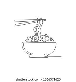 One Continuous Line Drawing Of Fresh Delicious Japanese Ramen Restaurant Logo Emblem. Fast Food Japan Noodle Cafe Shop Logotype Template Concept. Modern Single Line Draw Design Vector Illustration