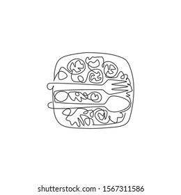 One continuous line drawing of fresh delicious salad restaurant logo emblem, from top view. Healthy organic food cafe shop logotype template concept. Modern single line draw design vector illustration