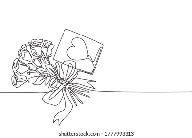 One continuous line drawing of fresh beautiful romantic rose flower with love greeting card. Modern invitation, logo, banner, poster concept single line draw design vector graphic illustration