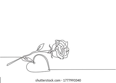 Un continuo dibujo de una hermosa y romántica flor de rosa fresca y una tarjeta de saludo en forma de corazón. Invitación a la moda, logotipo, banner, concepto de afiche diseño de línea única dibujo gráfico vectorial