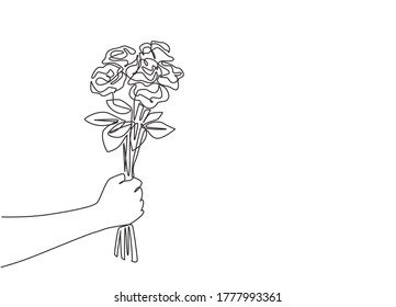 One continuous line drawing of fresh beautiful romantic rose flower bouquet. Modern greeting card, invitation, logo, banner, poster concept single line draw graphic design vector illustration