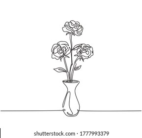 One continuous line drawing of fresh beautiful rose flower on porcelain vase. Modern greeting card, invitation, logo, banner, poster concept single line draw graphic design vector illustration