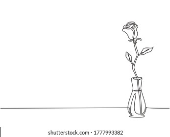 One continuous line drawing of fresh romantic beautiful rose flower on porcelain vase. Trendy greeting card, invitation, logo, banner, poster concept single line draw design vector illustration