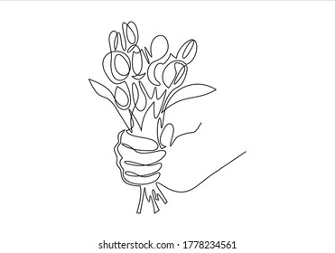 One continuous line drawing of fresh beautiful romantic flower bouquet.Hand holding bouquet of flowers.