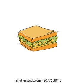 One continuous line drawing of fresh delicious American sandwich restaurant logo badge. Fast food cafe shop logotype template concept. Modern single line draw design vector graphic illustration