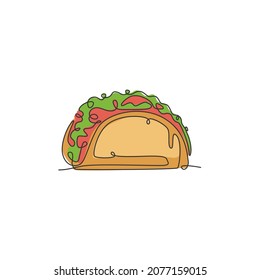 One continuous line drawing of fresh delicious Mexican tacos restaurant logo emblem. Fast food cafe shop logotype template concept. Modern single line draw design vector graphic illustration