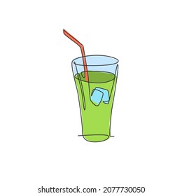 One continuous line drawing of fresh sweet soft drink on glass with ice cube logo emblem. Drinking cafe shop logotype template concept. Modern single line draw design graphic vector illustration