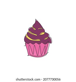 One continuous line drawing of fresh delicious American muffin cookies restaurant logo emblem. Sweet pastry online shop logotype template concept. Modern single line draw design vector illustration