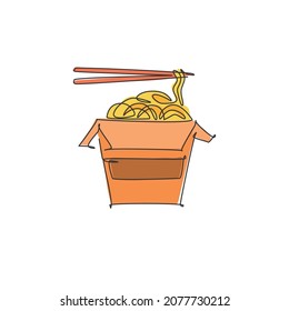 One continuous line drawing of fresh delicious Japanese spicy noodles on box restaurant logo emblem. Fast food cafe shop logotype template concept. Modern single line draw design vector illustration