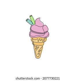 One continuous line drawing of fresh delicious ice cream cone restaurant logo emblem. Dessert sweet icecream cafe shop logotype template concept. Modern single line draw design vector illustration