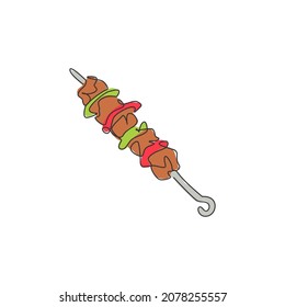 One continuous line drawing of fresh delicious traditional Turkish kebab restaurant logo emblem. Turkey food cafe shop logotype template concept. Modern single line draw design vector illustration