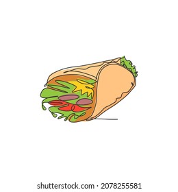 One continuous line drawing of fresh delicious Mexican online burritos restaurant logo emblem. Fast food nacho cafe shop logotype template concept. Modern single line draw design vector illustration