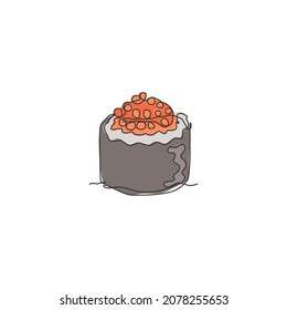 One continuous line drawing of fresh delicious Japanese gunkan maki restaurant logo emblem. Japan sushi sea food cafe shop logotype template concept. Modern single line draw design vector illustration