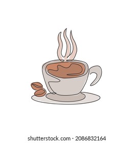 One continuous line drawing of fresh aromatic espresso cup of coffee logo emblem. Beverage coffee shop logotype template concept. Modern single line draw design cafe drink store vector illustration