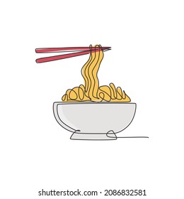 One continuous line drawing of fresh delicious Japanese ramen restaurant logo emblem. Fast food Japan noodle cafe shop logotype template concept. Modern single line draw design vector illustration