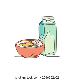 One continuous line drawing of fresh delicious cereal breakfast and milk with gable top carton box. Healthy natural food. Modern single line draw design organic food vector graphic illustration