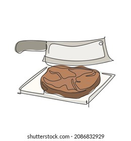 One continuous line drawing of fresh delicious beef steak on hot plate with big knife. Steak restaurant logo template concept. Modern single line draw design vector illustration graphic