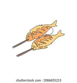 One continuous line drawing of fresh delicious baked carp fish restaurant logo emblem. Grilled seafood cafe shop logotype template concept. Modern single line draw design graphic vector illustration