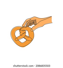 One continuous line drawing of fresh delicious Germany traditional snack food logo emblem. Pretzel sweet cookies shop logotype template concept. Modern single line draw design vector illustration