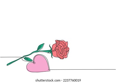 One continuous line drawing of fresh romantic beautiful rose flower and heart shape greeting card. Trendy invitation, logo, banner, poster concept single line draw design vector graphic illustration