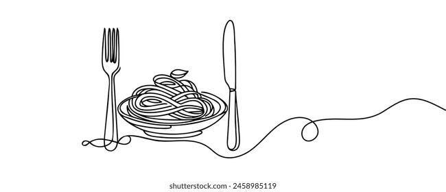 One continuous line drawing of fresh delicious Italian spaghetti pasta restaurant logo emblem. Italy fast food noodle shop logotype template concept.