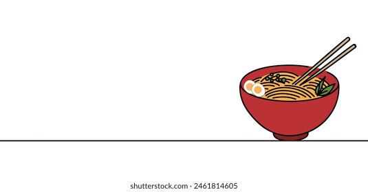 One continuous line drawing of fresh delicious Japanese ramen restaurant logo emblem. Fast food noodles template concept.