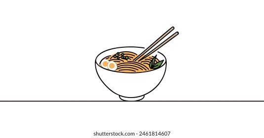 One continuous line drawing of fresh delicious Japanese ramen restaurant logo emblem. Fast food noodles template concept.