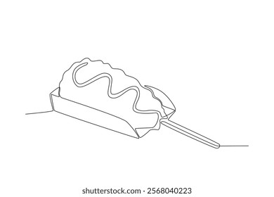 One continuous line drawing of fresh delicious Tokkebi Hot Dog. Fast food Japan noodle cafe shop logotype template concept. Modern single line draw design vector illustration
