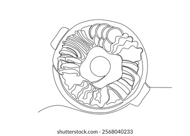 One continuous line drawing of fresh delicious Bibimbap. Fast food Japan noodle cafe shop logotype template concept. Modern single line draw design vector illustration
