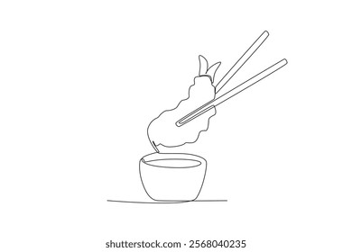 One continuous line drawing of fresh delicious Tempura dipped in sauce. Fast food Japan noodle cafe shop logotype template concept. Modern single line draw design vector illustration
