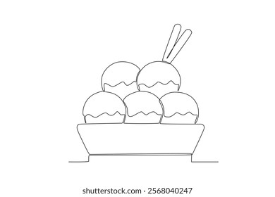 One continuous line drawing of fresh delicious A bowl of takoyaki. Fast food Japan noodle cafe shop logotype template concept. Modern single line draw design vector illustration
