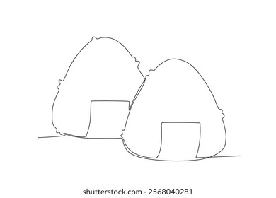 One continuous line drawing of fresh delicious Two onigiri. Fast food Japan noodle cafe shop logotype template concept. Modern single line draw design vector illustration
