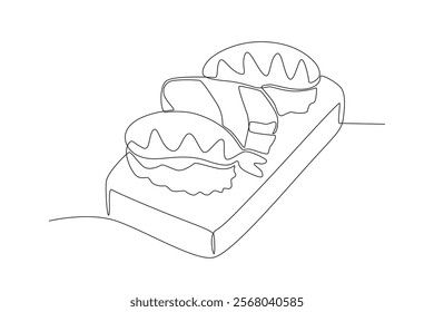 One continuous line drawing of fresh delicious Three pieces of Sushi. Fast food Japan noodle cafe shop logotype template concept. Modern single line draw design vector illustration