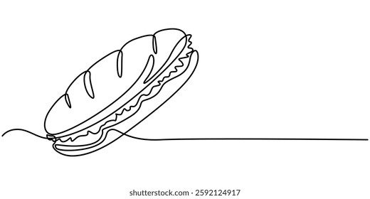  One continuous line drawing of fresh delicious American sandwich restaurant, Single continuous line drawing several layers of grilled cheese sandwich with melted cheese on a cutting board.