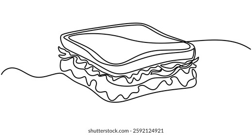  One continuous line drawing of fresh delicious American sandwich restaurant, Single continuous line drawing several layers of grilled cheese sandwich with melted cheese on a cutting board.