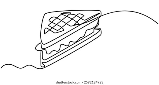  One continuous line drawing of fresh delicious American sandwich restaurant, Single continuous line drawing several layers of grilled cheese sandwich with melted cheese on a cutting board.