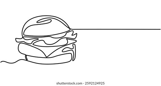  One continuous line drawing of fresh delicious American sandwich restaurant, Single continuous line drawing several layers of grilled cheese sandwich with melted cheese on a cutting board.