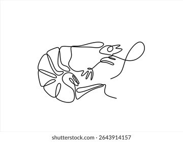 Um desenho de linha contínua de camarão fresco para a identidade do logotipo de frutos do mar, desenho contínuo de uma linha de camarão. Vetor de uma linha desenhado à mão. Traçado editável