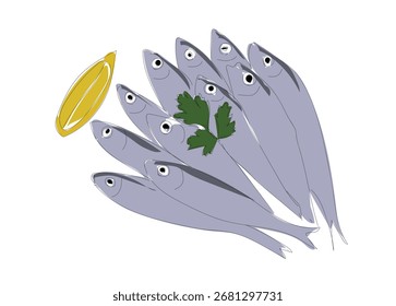 Eine durchgehende Linienzeichnung von frischem Stöckerfisch und zitronenweißem Hintergrund. Handgemachte Vektor nicht Al. 