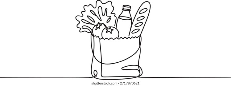 Um desenho de linha contínua de legumes deliciosos frescos, leite, baguete e pão dentro de saco de supermercado de papel. Conceito de alimento básico. Desenho de ícone de uma linha
