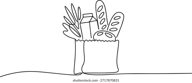 Um desenho de linha contínua de legumes deliciosos frescos, leite, baguete e pão dentro de saco de supermercado de papel. Conceito de alimento básico. Desenho de ícone de uma linha