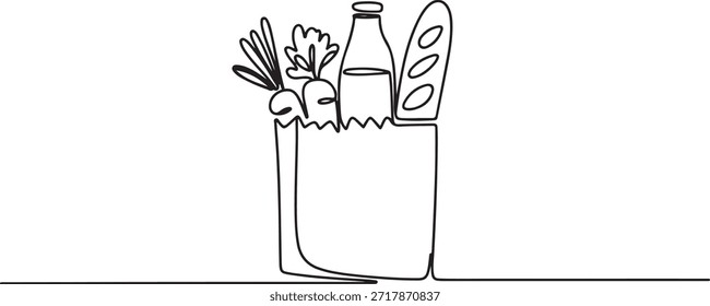 Um desenho de linha contínua de legumes deliciosos frescos, leite, baguete e pão dentro de saco de supermercado de papel. Conceito de alimento básico. Desenho de ícone de uma linha