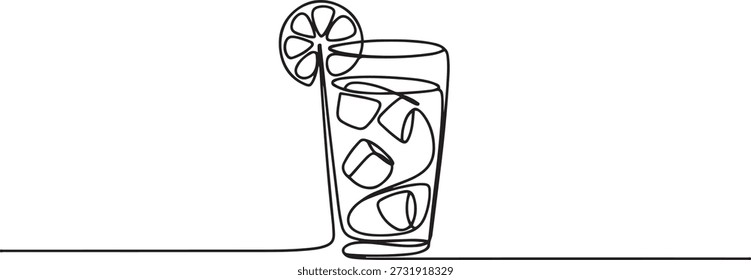 Una línea continua de dibujo de delicioso hielo fresco de limonada con rodajas de limón para el menú del restaurante. Concepto de Plantilla del logotipo de la tienda de la bebida. dibujo del icono de una línea
